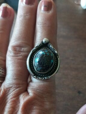 Sterling Silver Navajo Or South WesterTurquoise Oval Statement Ring Sz.7 U u